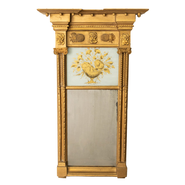 Antique American Federal Carved Giltwood Pier Mirror Églomisé Panel NY 1810