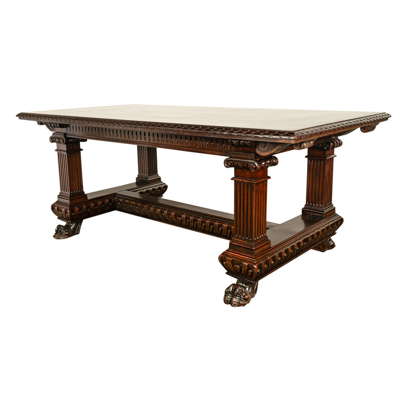Antique Italian Carved Renaissance Revival Walnut Library Dining Table 1880