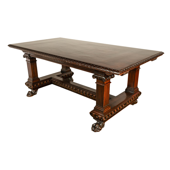 Antique Italian Carved Renaissance Revival Walnut Library Dining Table 1880