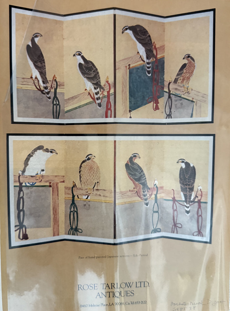 Pair Antique Japanese Edo Period Falcon Hawk Birds of Prey Takagari Handpainted Screens 1860