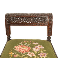 Antique Colonial Anglo Indian Carved Rosewood Window Seat Bench Needlepoint 1860