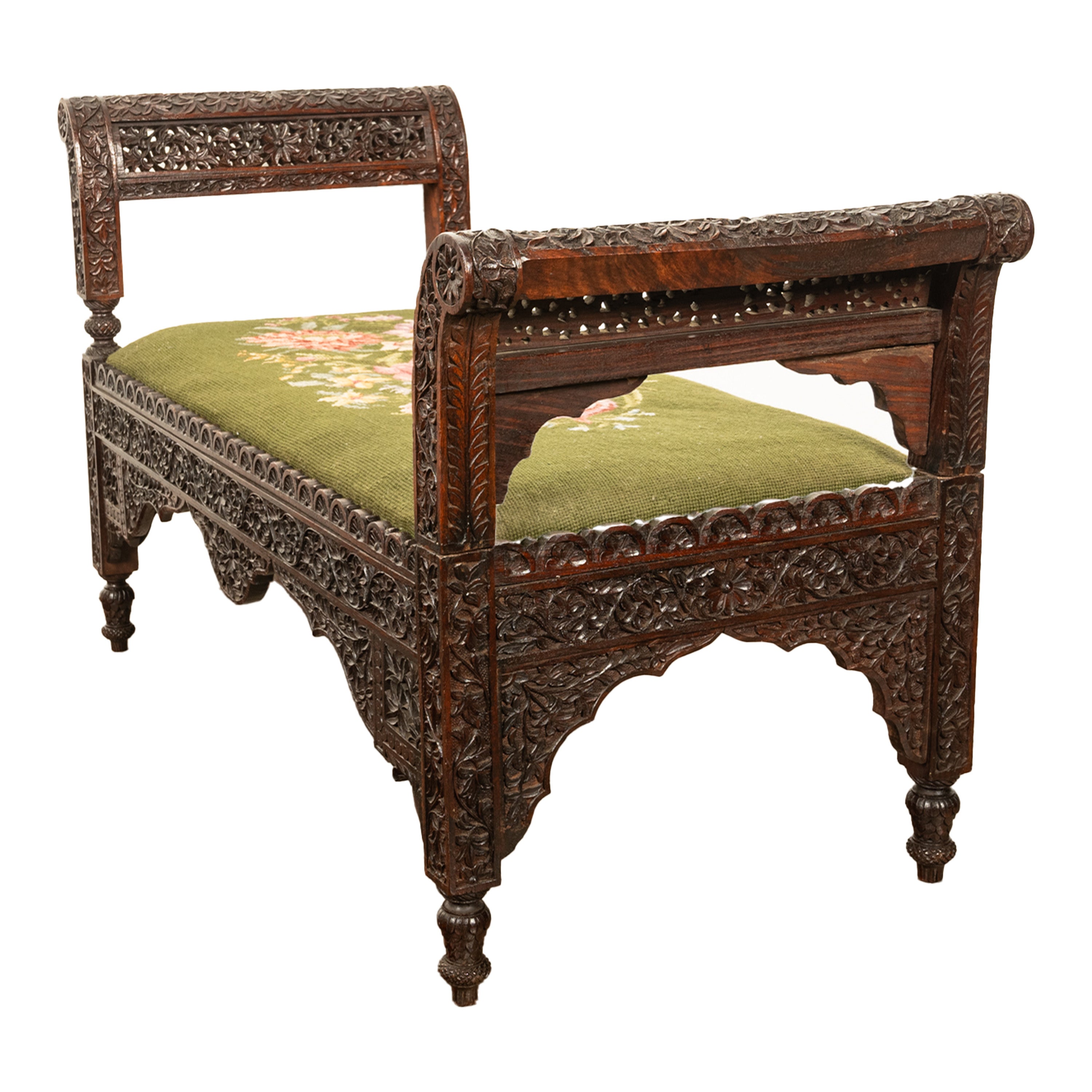 19世紀Carved Rosewood Settle Bench Antique Colonial Anglo Indian Carved Rosewood Window Seat Bench