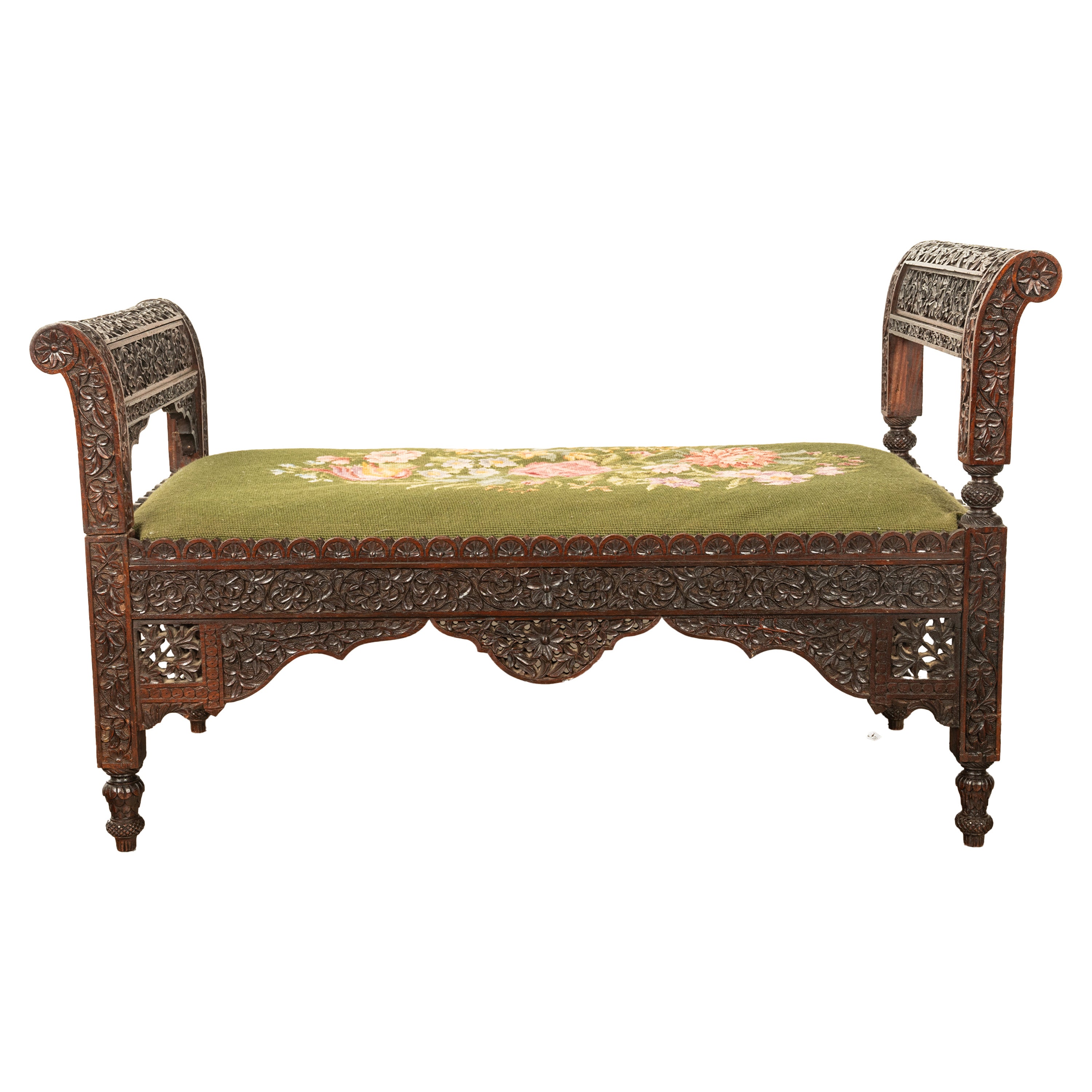 Antique Colonial Anglo Indian Carved Rosewood Window Seat Bench