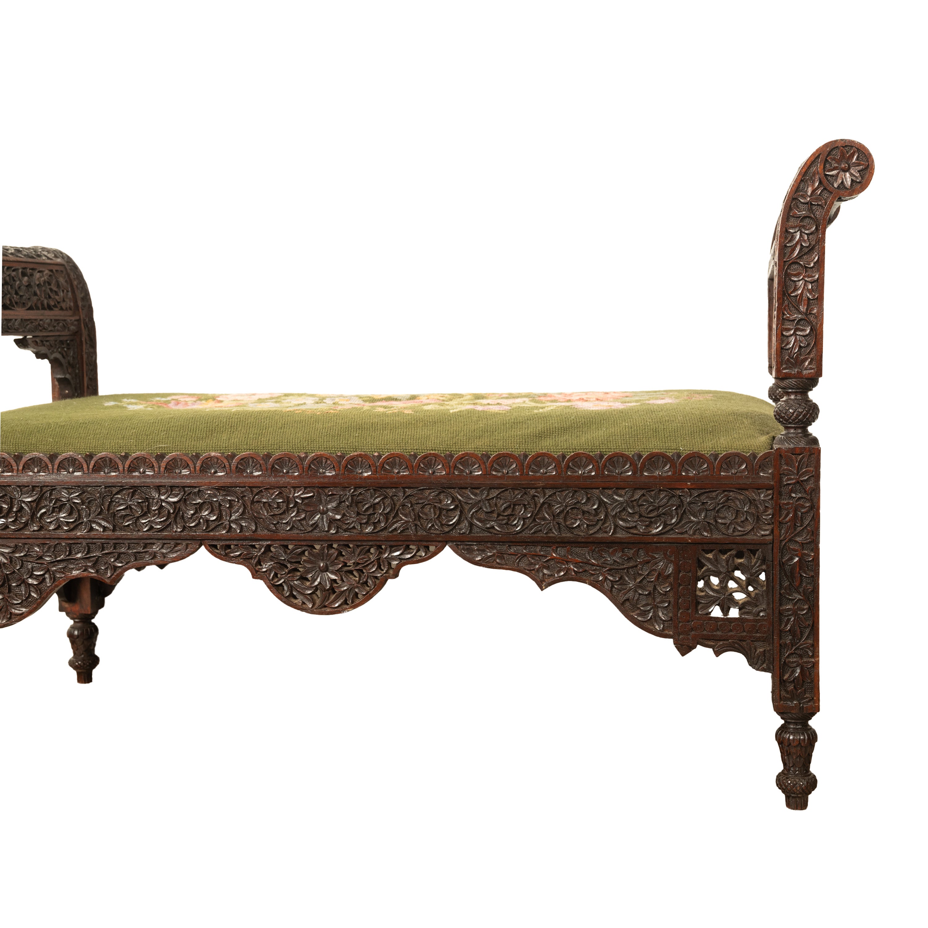 19世紀Carved Rosewood Settle Bench Antique Colonial Anglo Indian Carved Rosewood Window Seat Bench