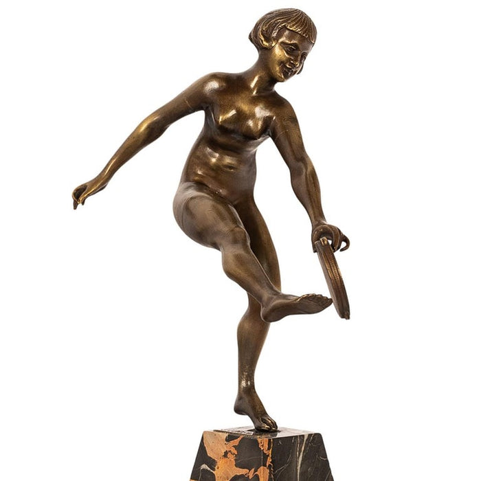 Antique Art Deco Bronze Sculpture Statue Female Nude Tambourine Dancer by Josef Lorenzl 1925