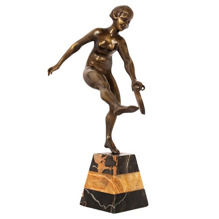 Antique Art Deco Bronze Sculpture Statue Female Nude Tambourine Dancer by Josef Lorenzl 1925