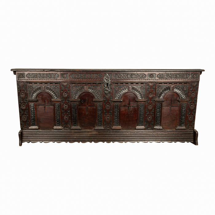 Antique Monumental German Carved Oak Baroque Marquetry Dowry Chest Coffer 1723