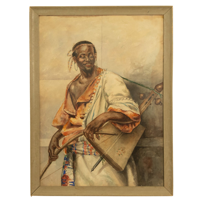 Antique 19thC Spanish Orientalist Painting North African Arab Berber Musician by Antonio Rivas, 1880