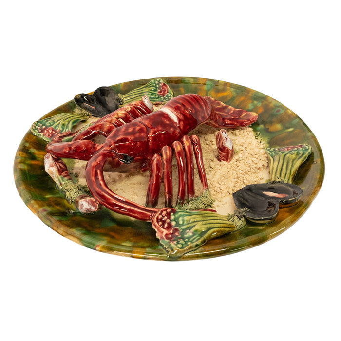 Antique Majolica Pottery Palissy Ware Lobster 12" Plate Casadinho Portugal 1900