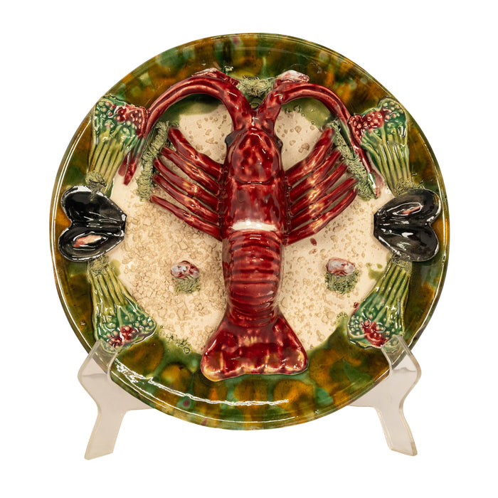 Antique Majolica Pottery Palissy Ware Lobster 12" Plate Casadinho Portugal 1900