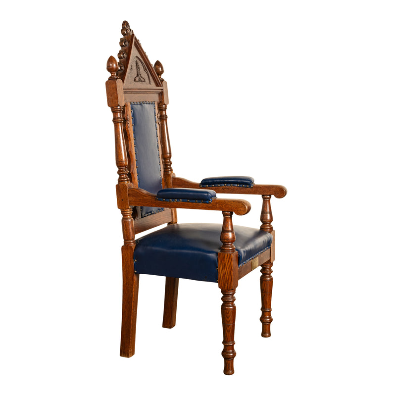 Antique Set of 5 Gothic Revival Irish Masonic Oak & Leather Throne Chairs 1900