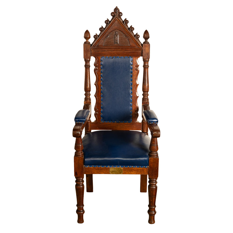 Antique Set of 5 Gothic Revival Irish Masonic Oak & Leather Throne Chairs 1900