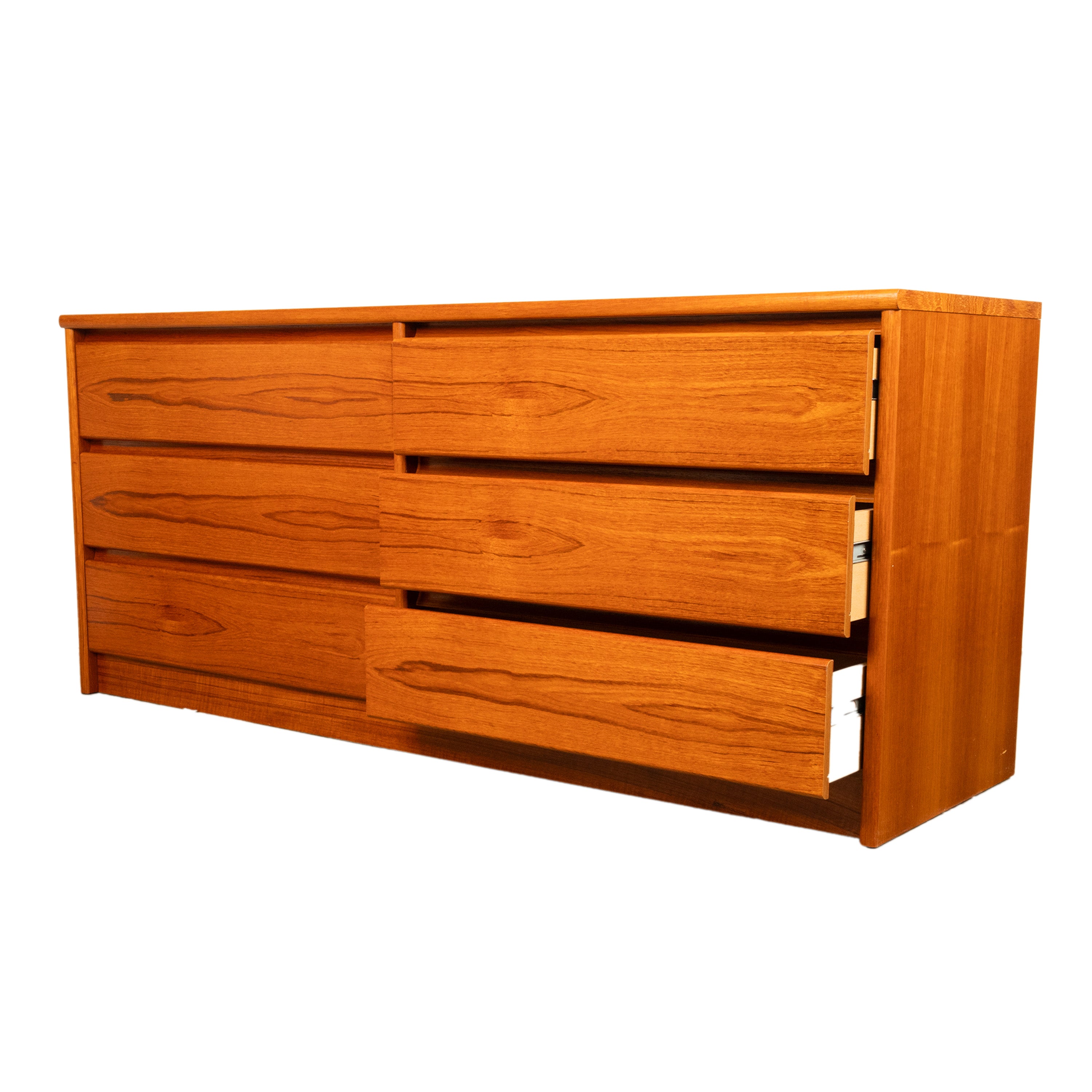 Mid Century Modern Danish Teak 6 Drawer Double Dresser Credenza