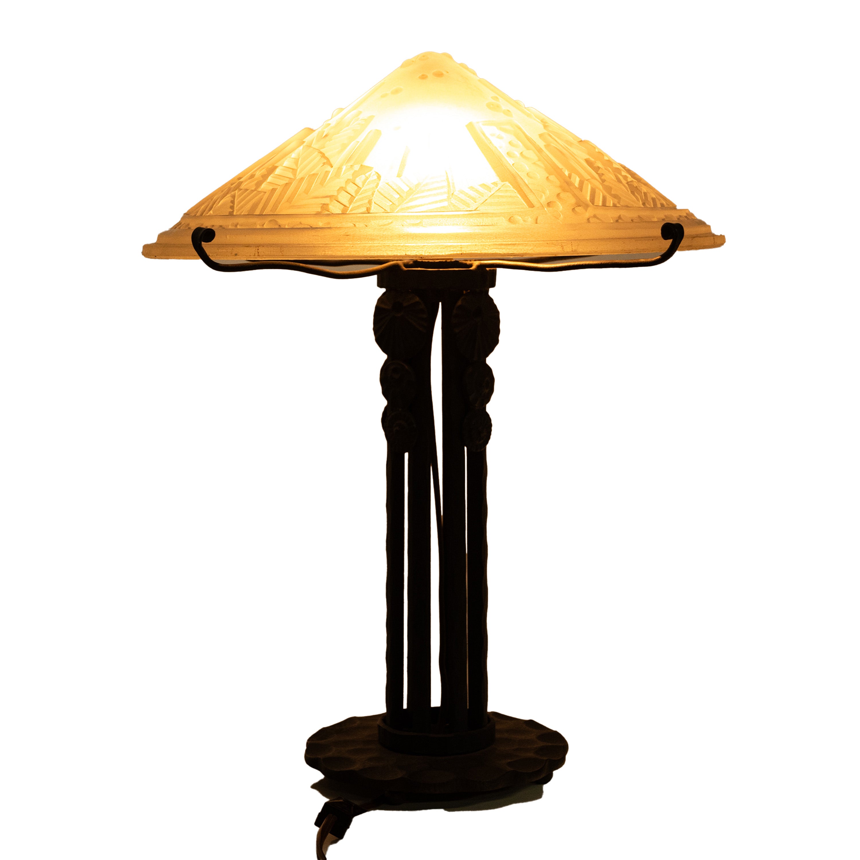 Antique French Art Deco Table Lamp Muller Frères Glass Iron