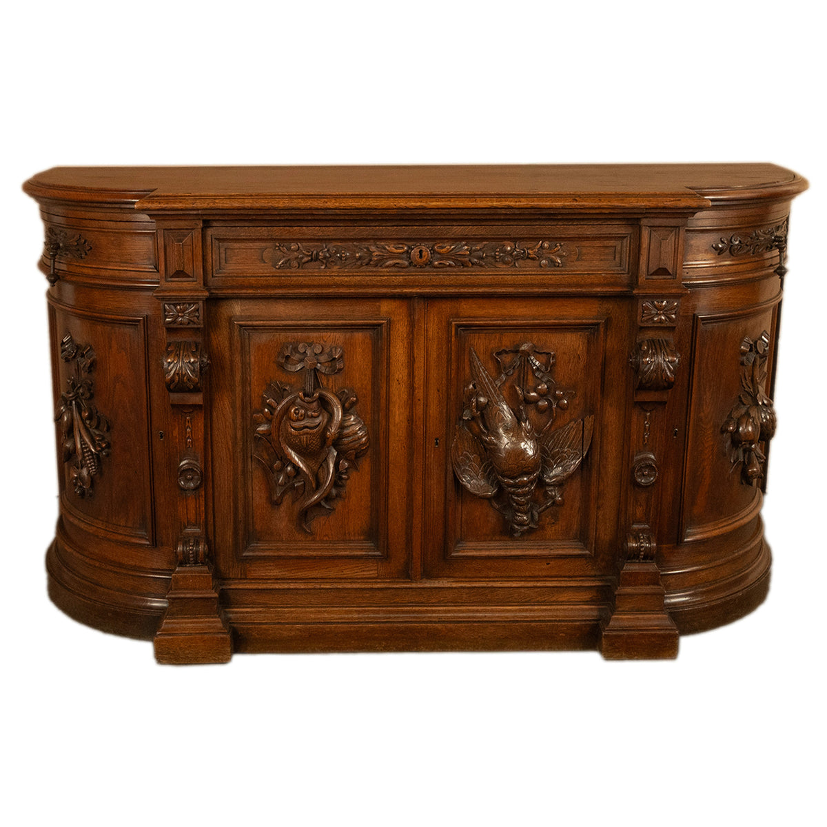 Antique 19thC French Black Forest Carved Oak Hunt Buffet Sideboard Bar 1870