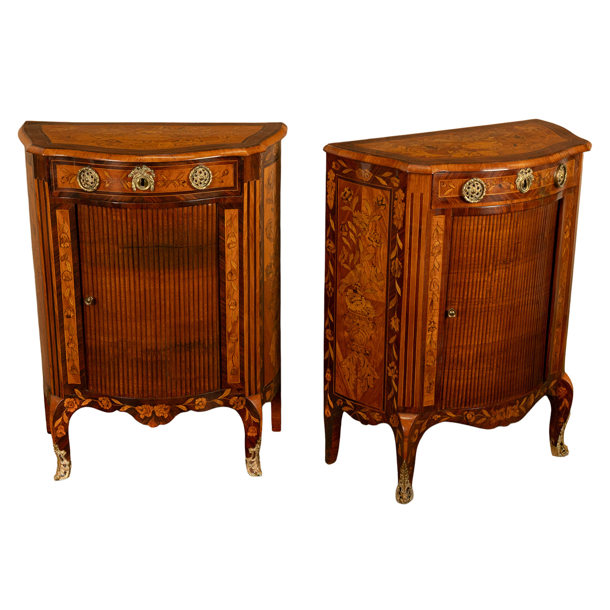 Pair Antique 18thC French Louis XV Inlaid Marquetry Ormolu Tambour Cabinets 1780