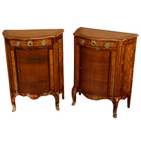 Pair Antique 18thC French Louis XV Inlaid Marquetry Ormolu Tambour Cabinets 1780