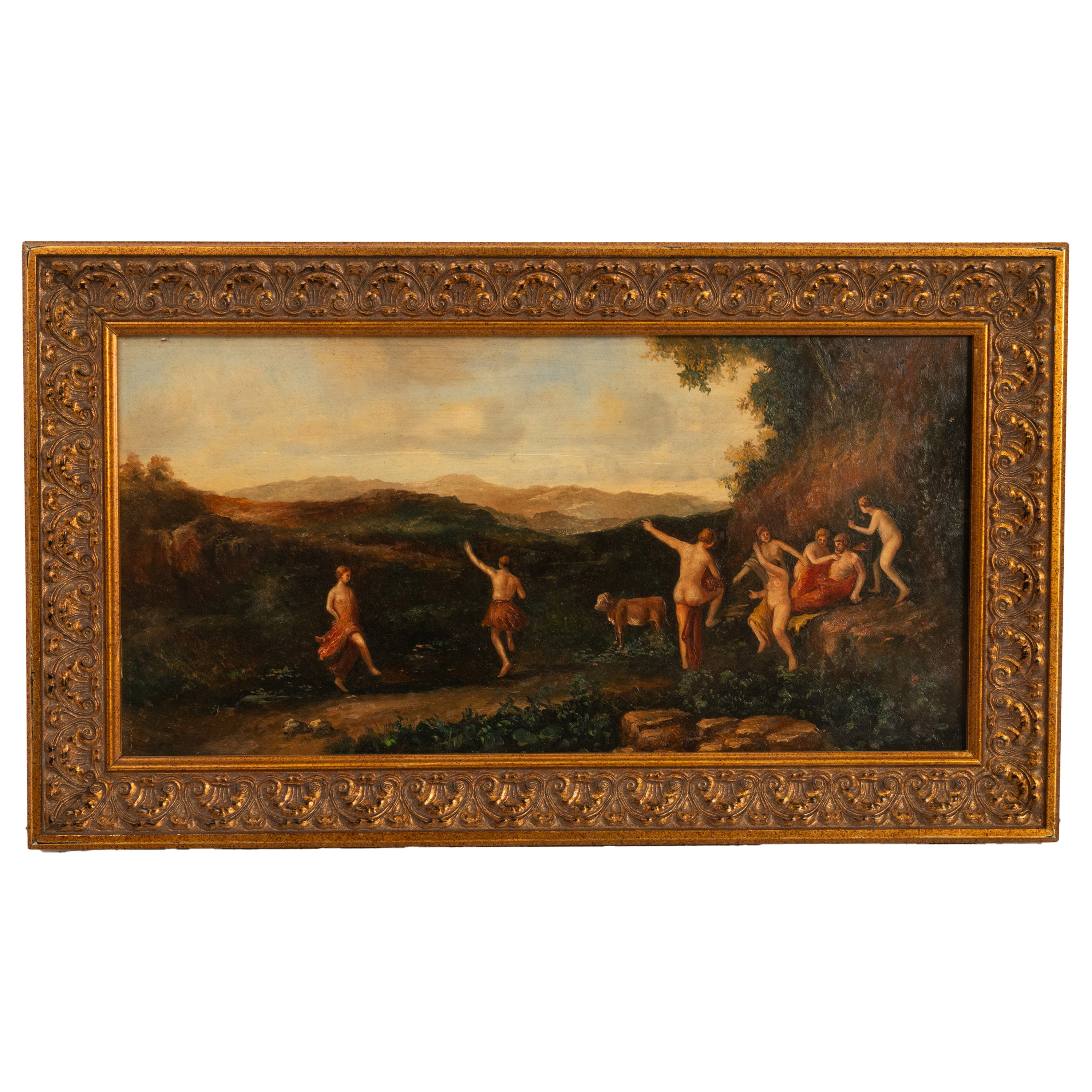 Antique 19th Century Neoclassical Bacchanal Oil Painting Dancing