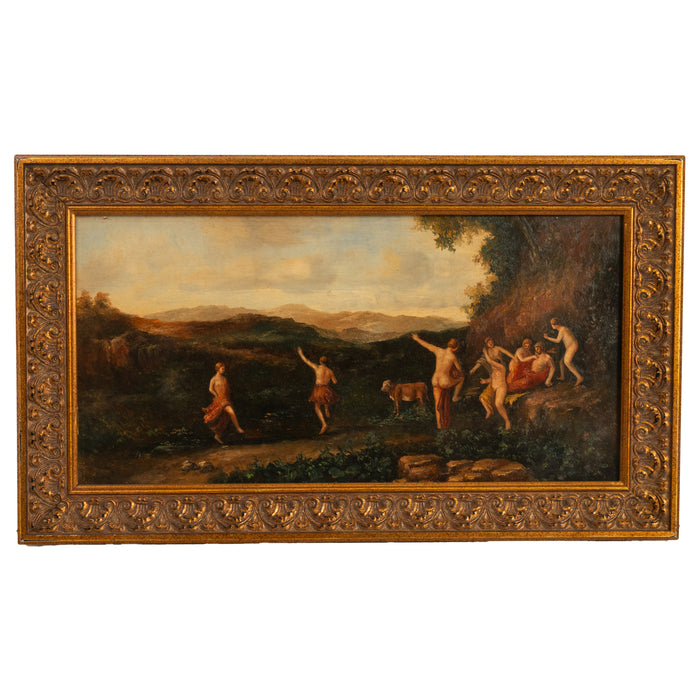 Antique 19th Century Neoclassical Bacchanal Oil Painting Dancing of the Nymphs 1850 after Cornelis van Poelenburgh