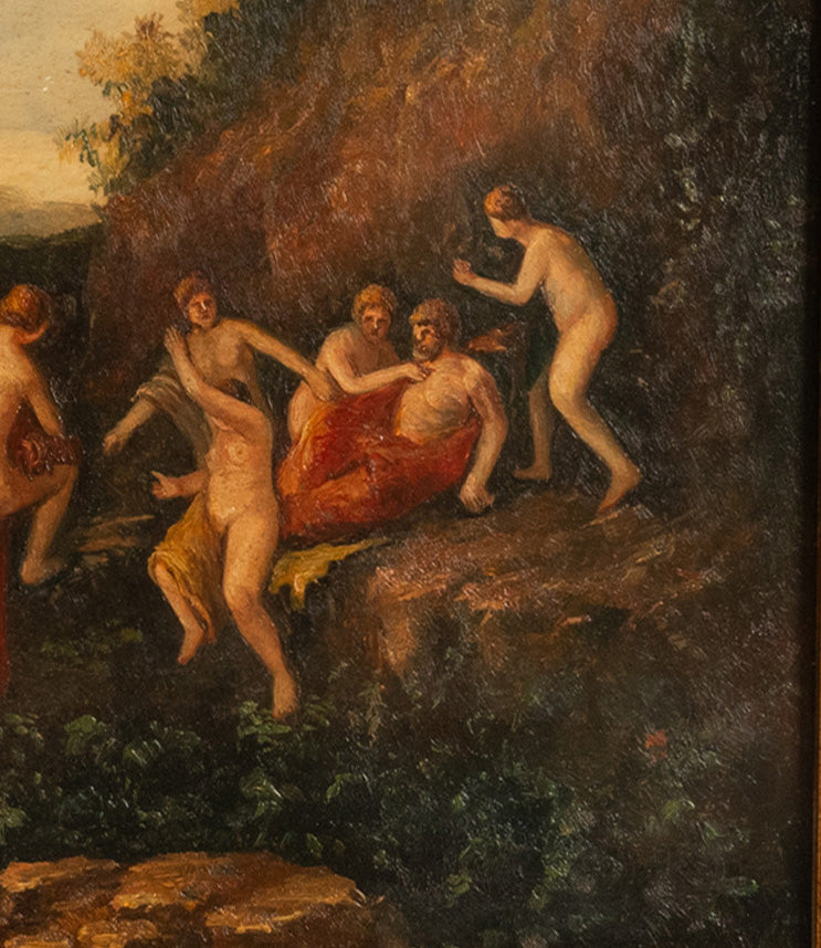 Antique 19th Century Neoclassical Bacchanal Oil Painting Dancing of the Nymphs 1850 after Cornelis van Poelenburgh