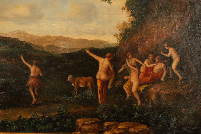 Antique 19th Century Neoclassical Bacchanal Oil Painting Dancing of the Nymphs 1850 after Cornelis van Poelenburgh