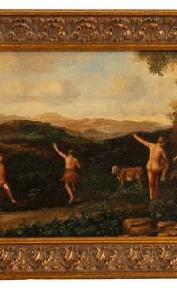 Antique 19th Century Neoclassical Bacchanal Oil Painting Dancing of the Nymphs 1850 after Cornelis van Poelenburgh