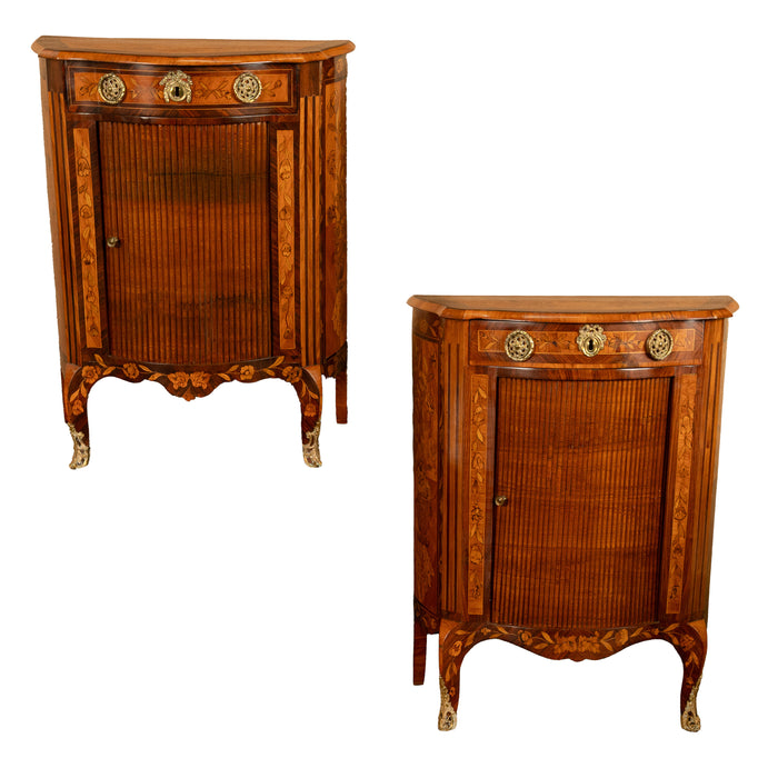 Pair Antique 18thC French Louis XV Inlaid Marquetry Ormolu Tambour Cabinets 1780