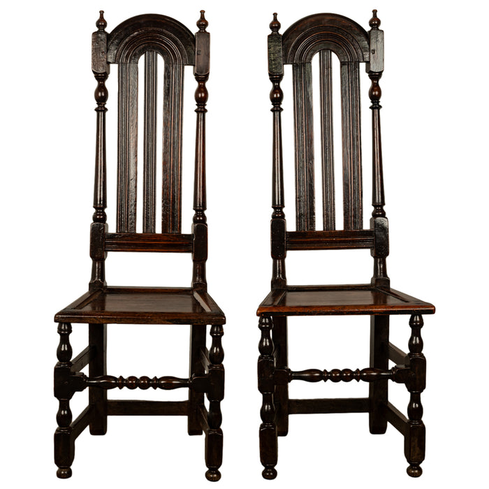 Pair Antique 17th Century William & Mary Oak Joined Back Stools Side Chairs 1690