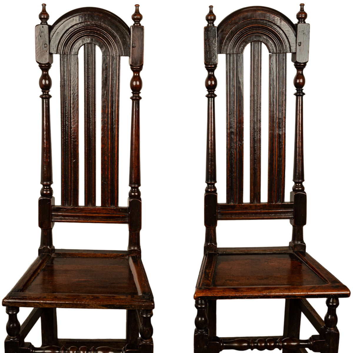 Pair Antique 17th Century William & Mary Oak Joined Back Stools Side Chairs 1690