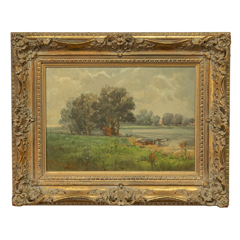 Antique California Impressionist Oil Canvas Painting Stanford University Lake Lagunita by Marguerite Freytag Ciprico 1910