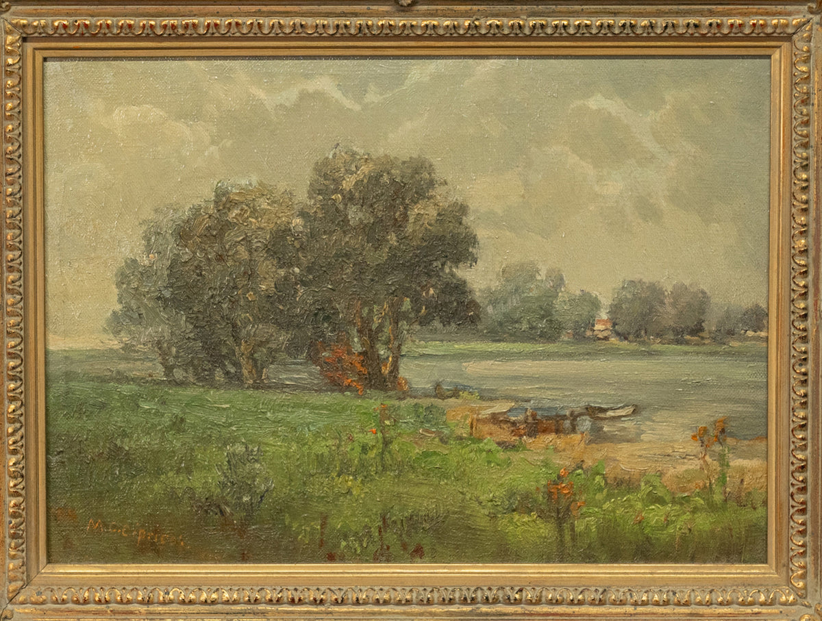 Antique California Impressionist Oil Canvas Painting Stanford University Lake Lagunita by Marguerite Freytag Ciprico 1910