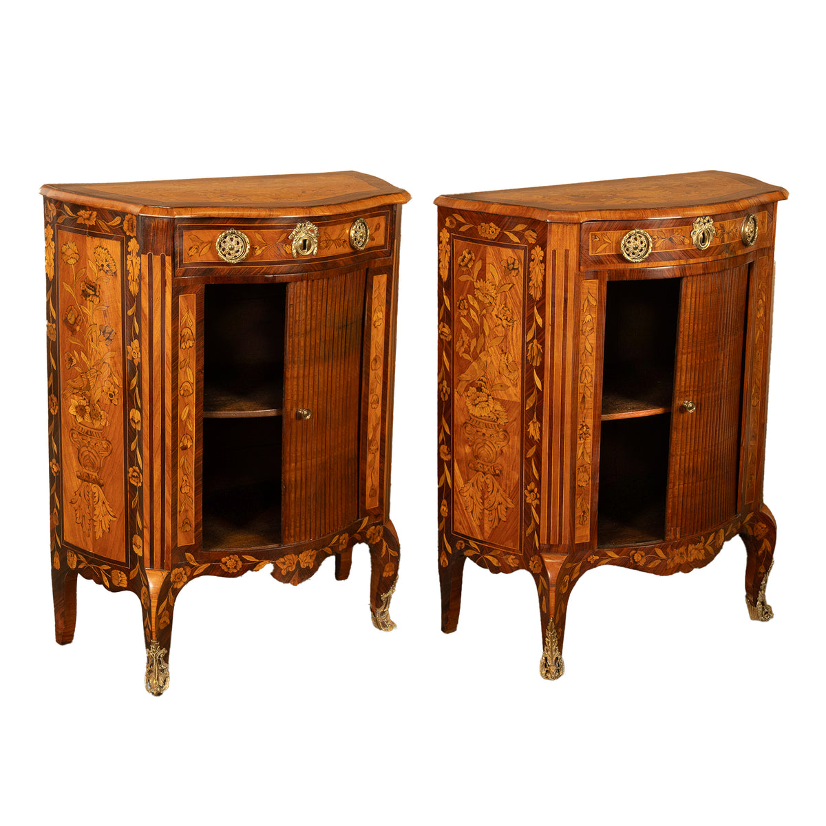 Pair Antique 18thC French Louis XV Inlaid Marquetry Ormolu Tambour Cabinets 1780