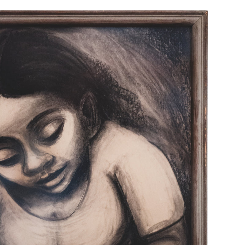 Large Charcoal Portrait Girl Writing Letter La Pensadora The Thinker Puerto Rico by Juan De Prey, 1930