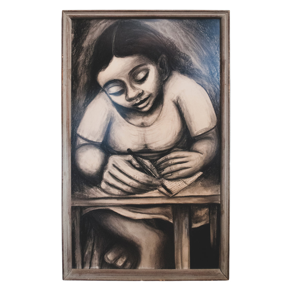 Large Charcoal Portrait Girl Writing Letter La Pensadora The Thinker Puerto Rico by Juan De Prey, 1930