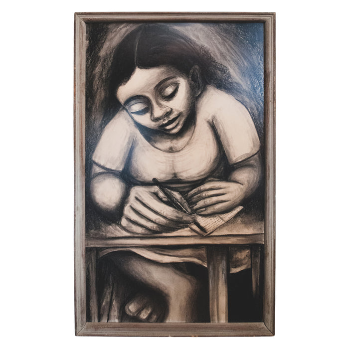 Large Charcoal Portrait Girl Writing Letter La Pensadora The Thinker Puerto Rico by Juan De Prey, 1930