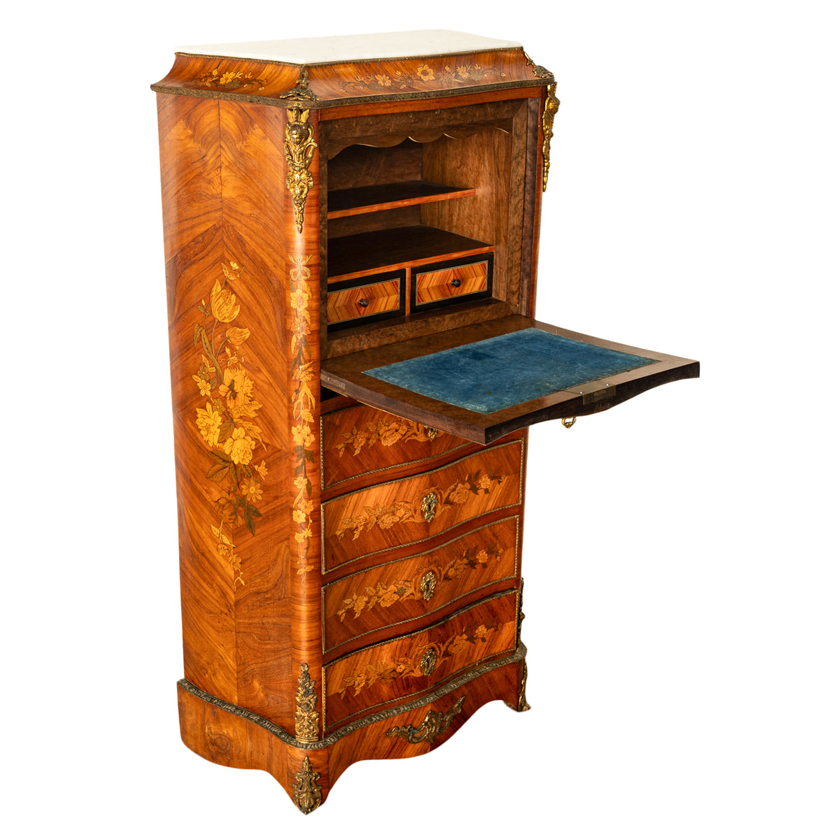 Fine Antique French Louis XV Marquetry Rosewood Ormolu Secretaire Abattant 1880