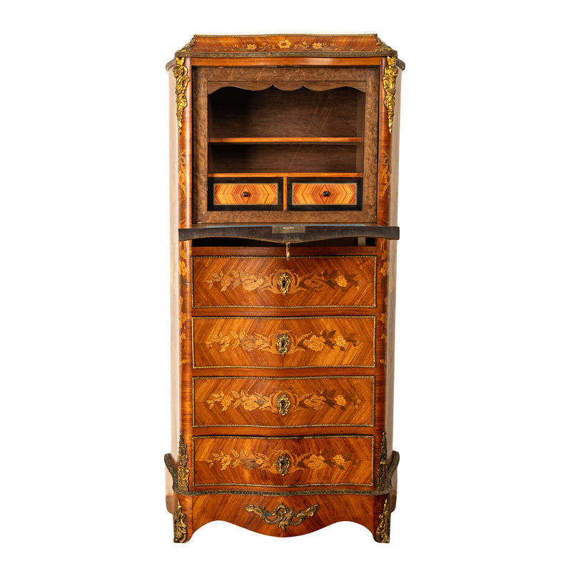 Fine Antique French Louis XV Marquetry Rosewood Ormolu Secretaire Abattant 1880