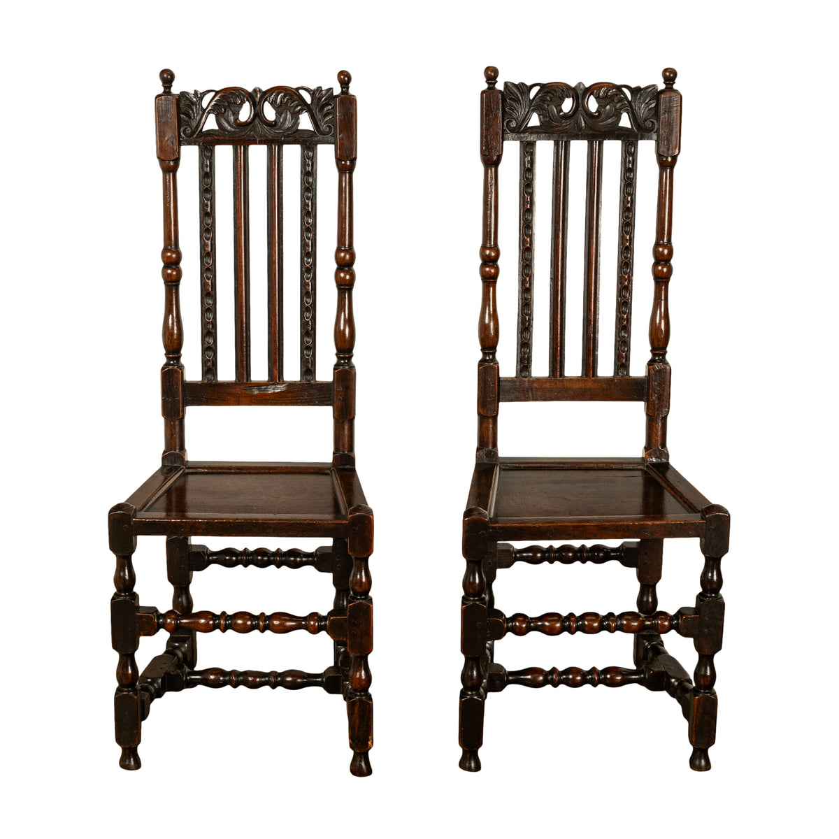 Antique 17th Century Pair Joined Oak King William & Queen Mary Side Chairs 1690