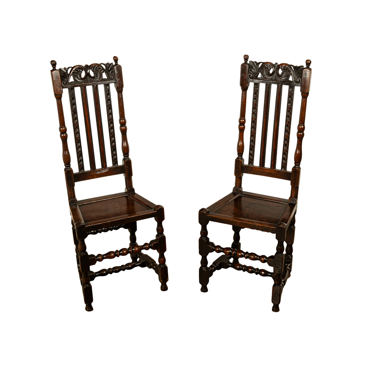 Antique 17th Century Pair Joined Oak King William & Queen Mary Side Chairs 1690