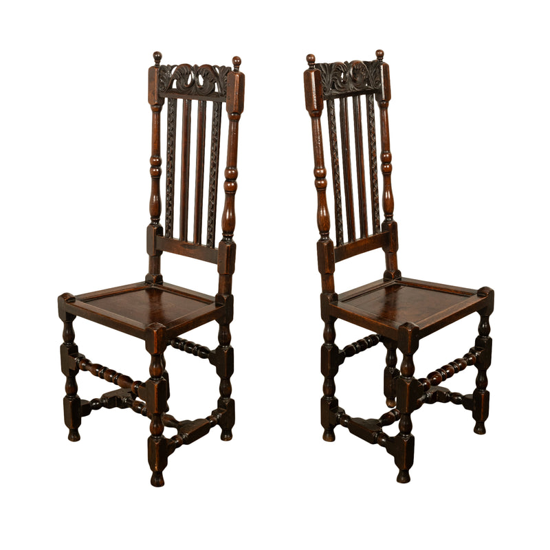 Antique 17th Century Pair Joined Oak King William & Queen Mary Side Chairs 1690