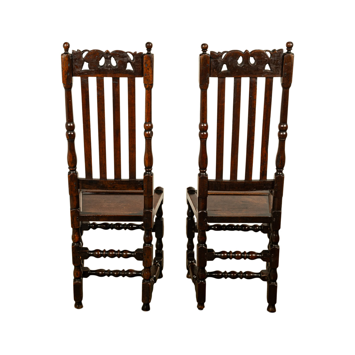 Antique 17th Century Pair Joined Oak King William & Queen Mary Side Chairs 1690