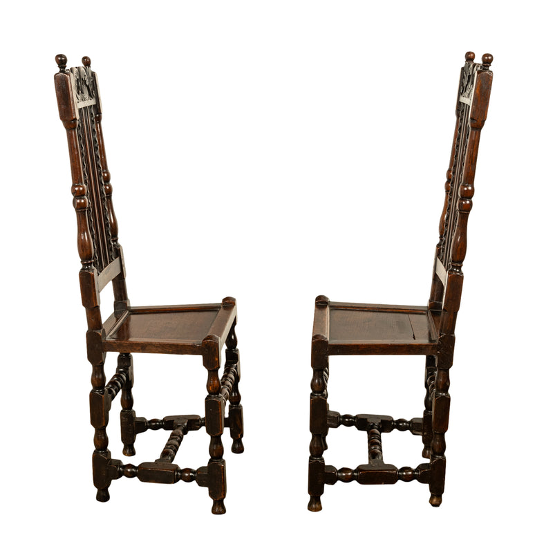 Antique 17th Century Pair Joined Oak King William & Queen Mary Side Chairs 1690