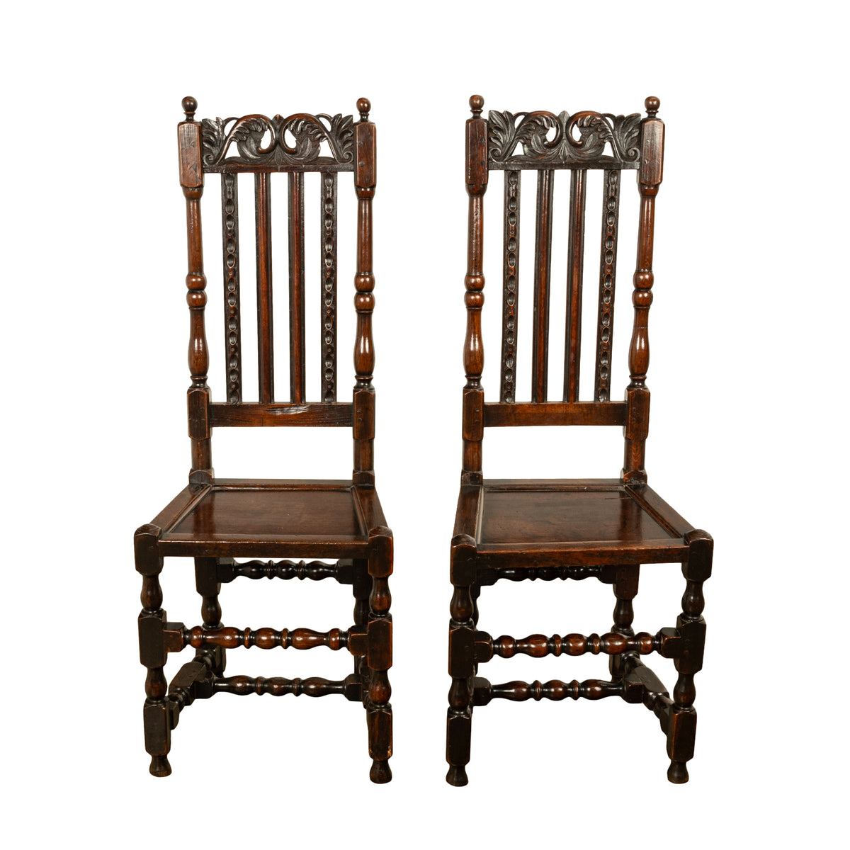 Antique 17th Century Pair Joined Oak King William & Queen Mary Side Chairs 1690