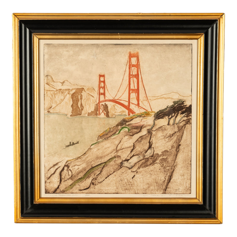 San Francisco Colored Etching Aquatint Golden Gate Bridge by Max Pollak Signed 1944