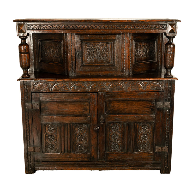 Antique 17th Century Elizabethan Tudor Period Carved Oak Court Cupboard Cabinet Circa 1600