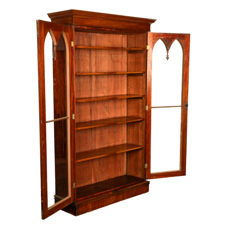 Antique English Georgian Regency Gothic Arch Mahogany Two Door Bookcase 1830