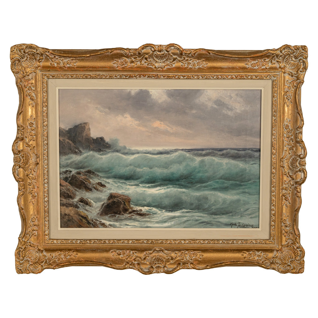 Antique Italian Oil on Canvas Painting Seascape Coastline Isle of Capri Italy by Cavalier Michele Federico, 1925
