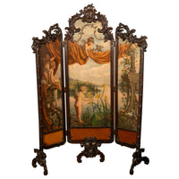 Antique French Rococo Oil Canvas Walnut Painting Landscape Cherubs Screen 1870