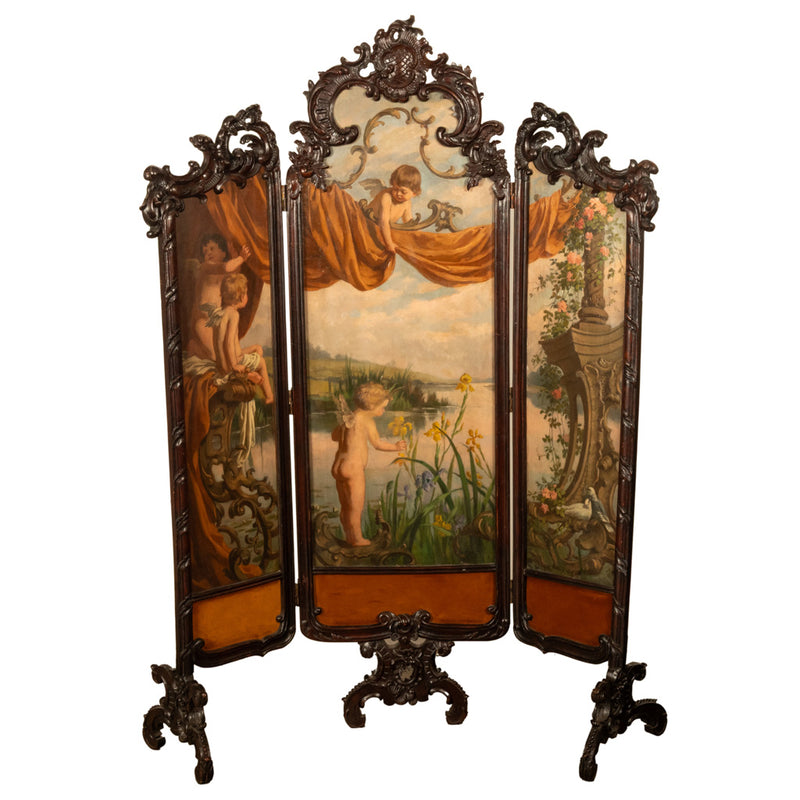 Antique French Rococo Oil Canvas Walnut Painting Landscape Cherubs Screen 1870