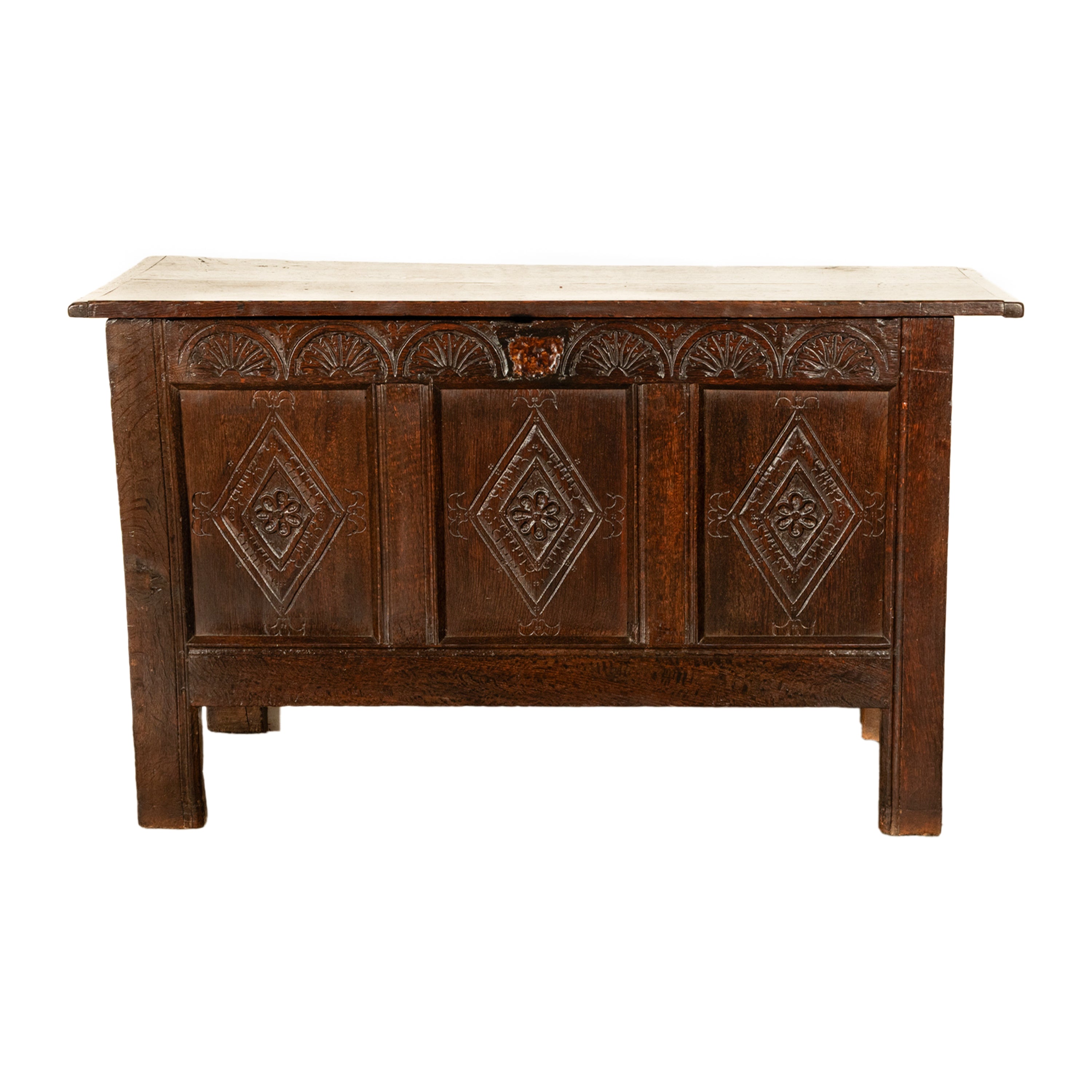 Antique English 17th Century Charles II Carved Oak Coffer Panelled